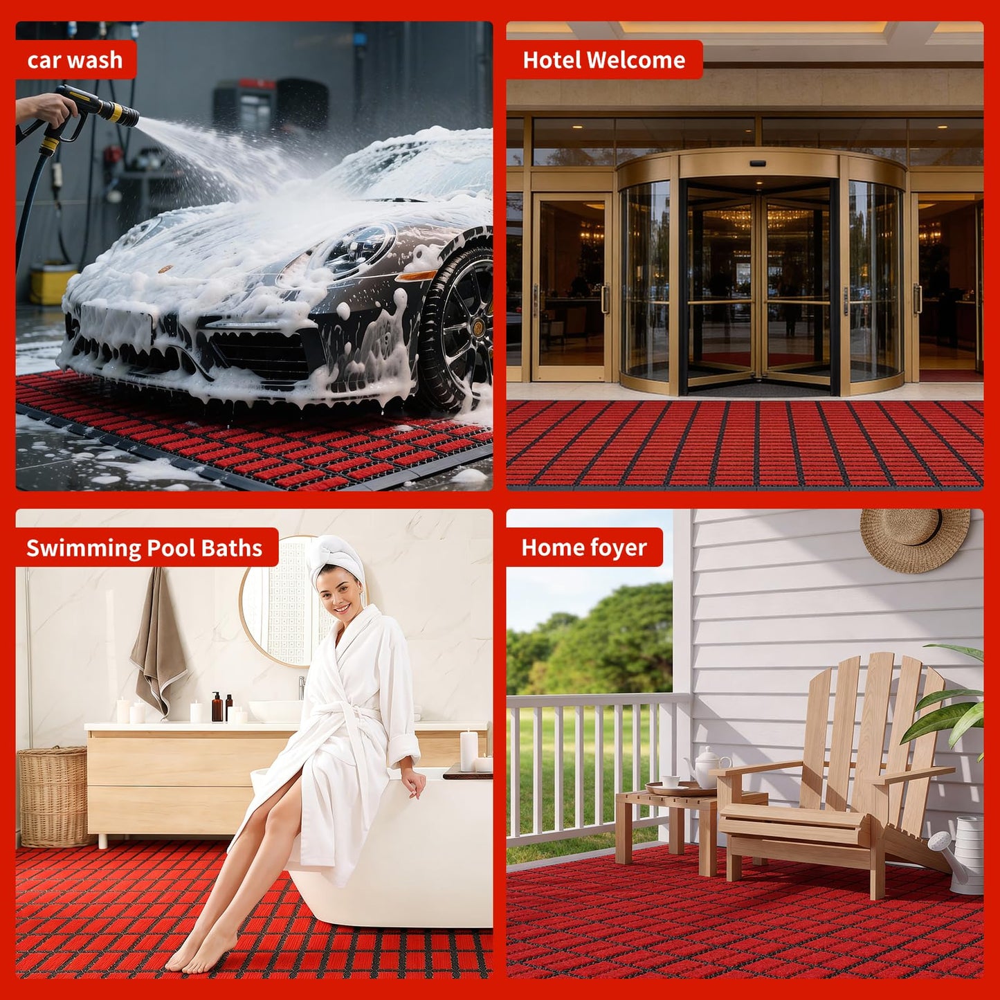 Linoows Heavy Duty Door Mat - DIY Interlocking Design, Dirt Trapper Front Doormat, 27.5x19.7 Inch All-Season Welcome Door Mats Non-Slip for Indoor Outdoor Entrance Home Commercial, Black & Red