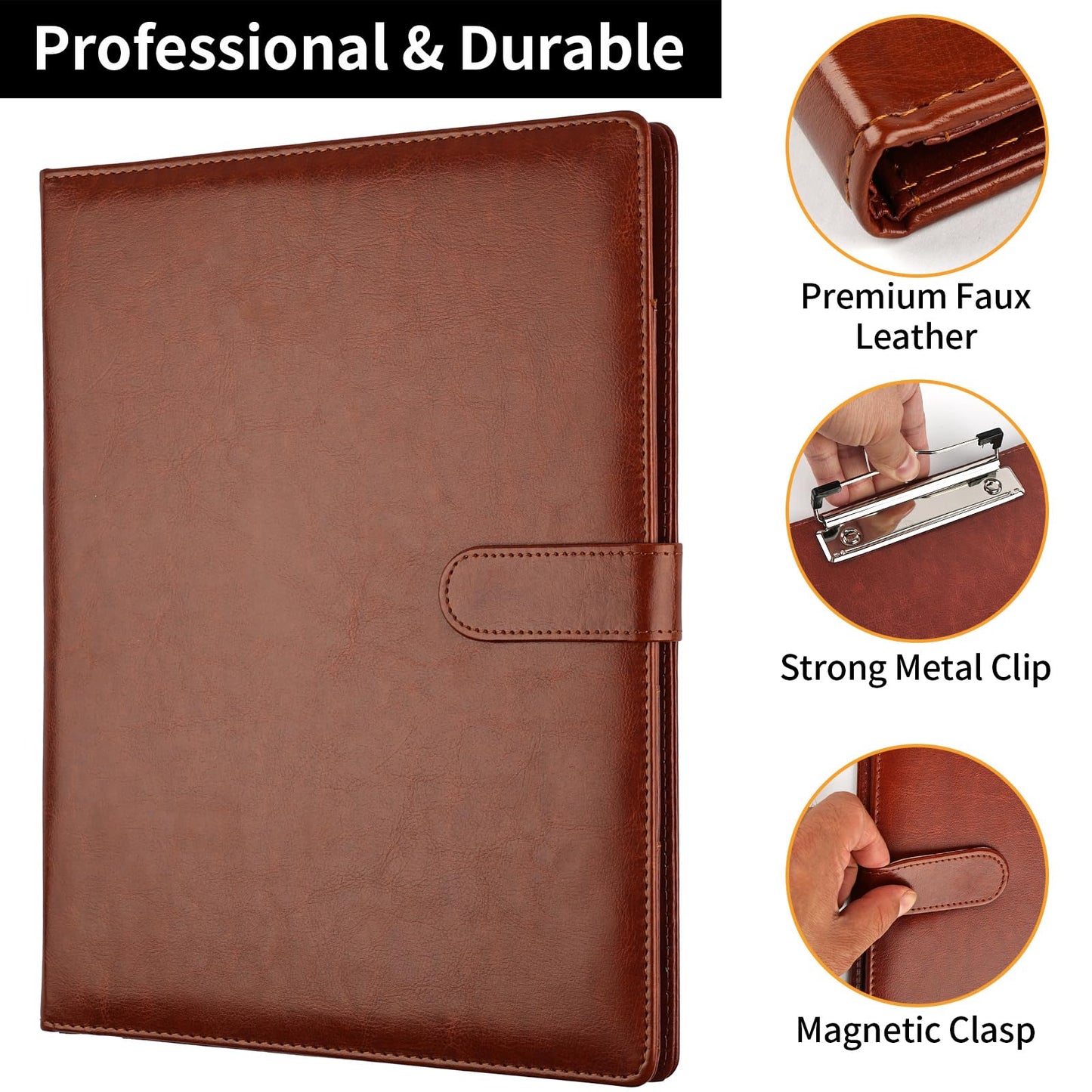 Professional Padfolio with Clipboard, Faux Leather Portfolio Folder Binder, Legal Pad Holder for A4 Letter Size Notepad, Resume, Writing Pad, Ideal Organizer for Business Office Conference (Brown)