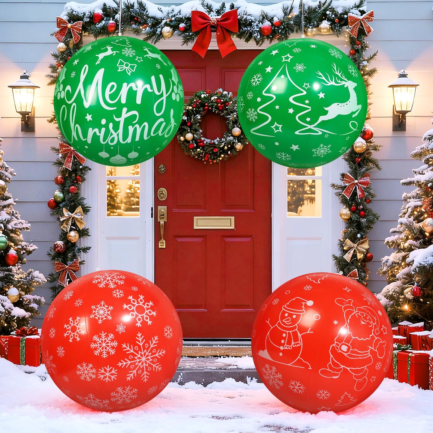 Wlicon 4 PCS 24 Inch Christmas Inflatable Balls Outdoor Inflatable Christmas Ball Ornaments for Xmas Garden Lawn Yard Holiday Front Door Window Decoration