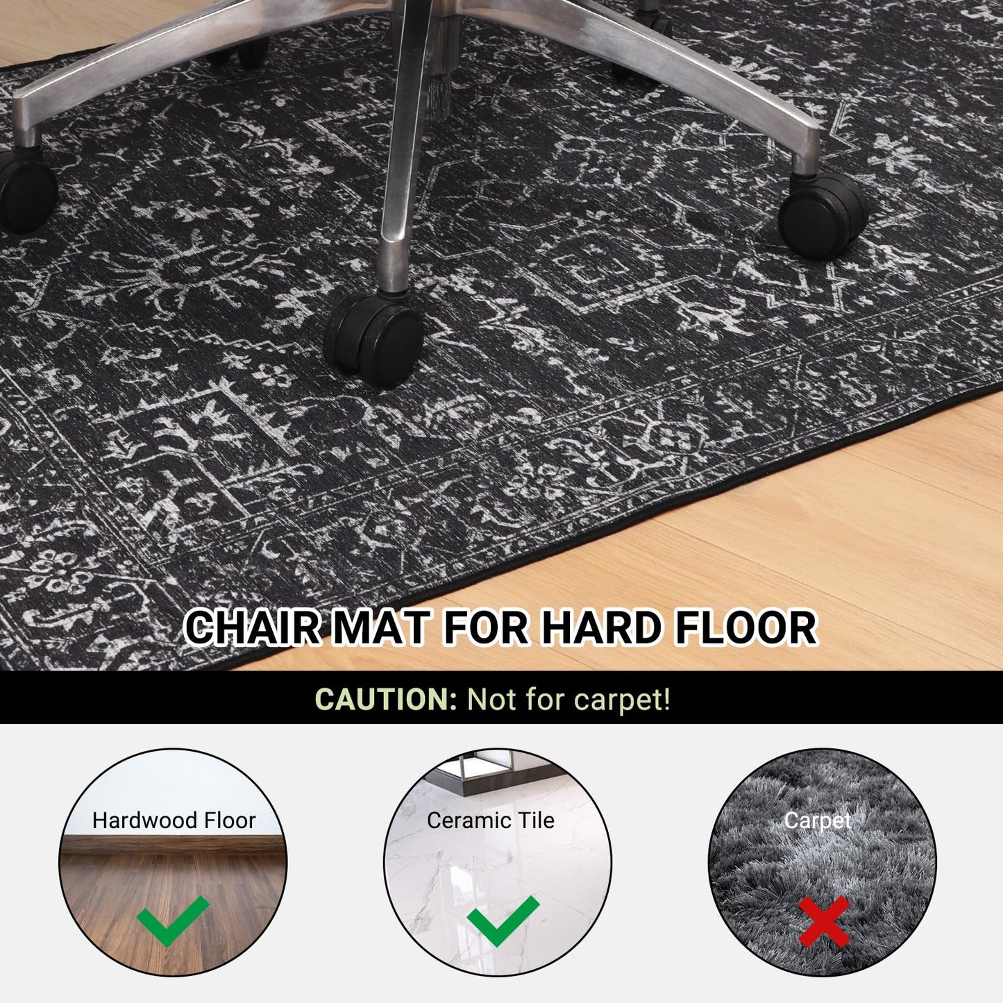 Chair Mat for Hard Floors, QQpony 60" x 48" Office Chair Mat for Hard Surface, Area Rug for Living Room, Protector Floor Rug Mat for Home Office (Black)