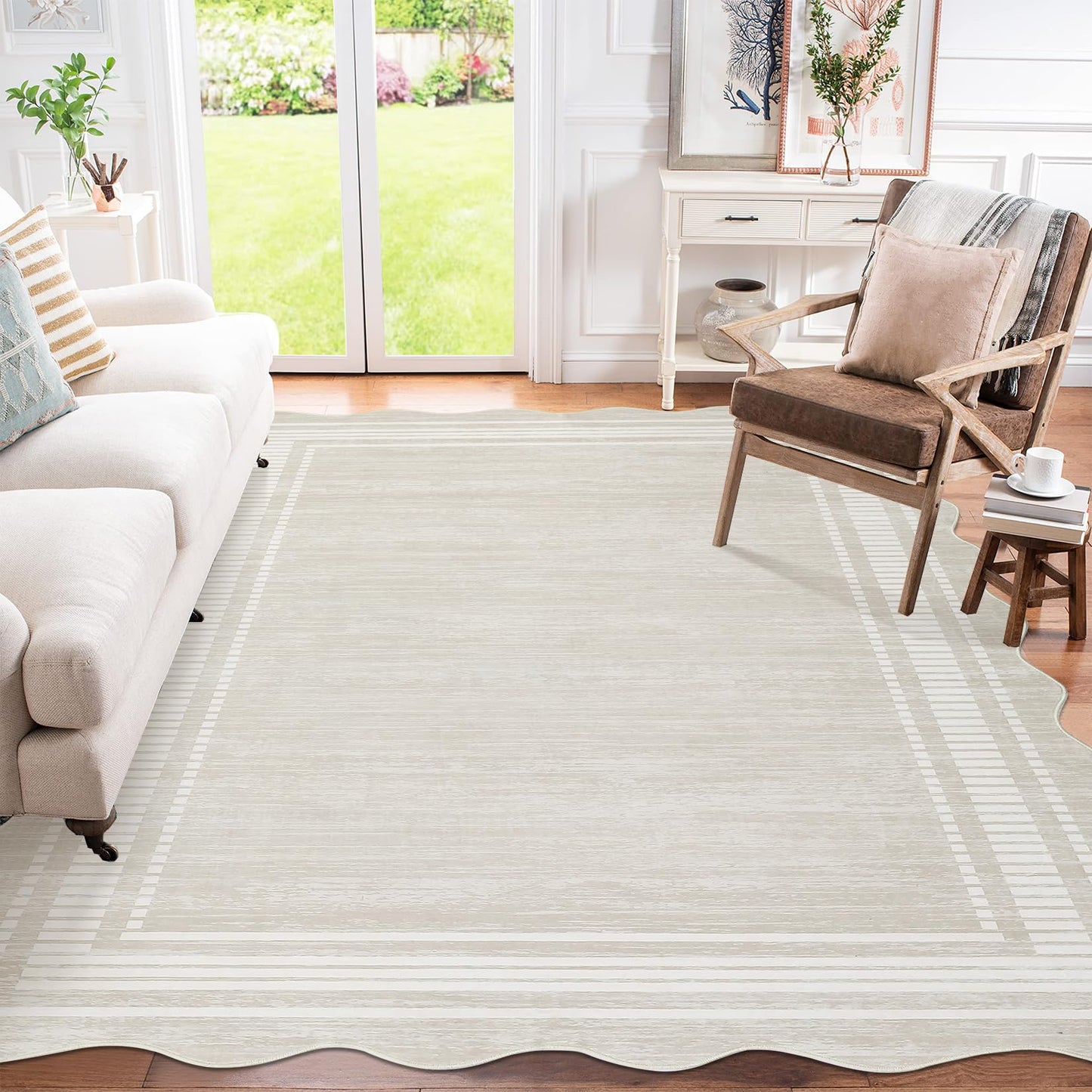 GarveeHome Scalloped 9x12 Area Rugs for Living Room Non-Slip, Modern Neutral Washable Rugs for Bedroom Large Solid Farmhouse Rug Bordered Carpet for Apartment Table Dorm Nursery, Cream 9x12