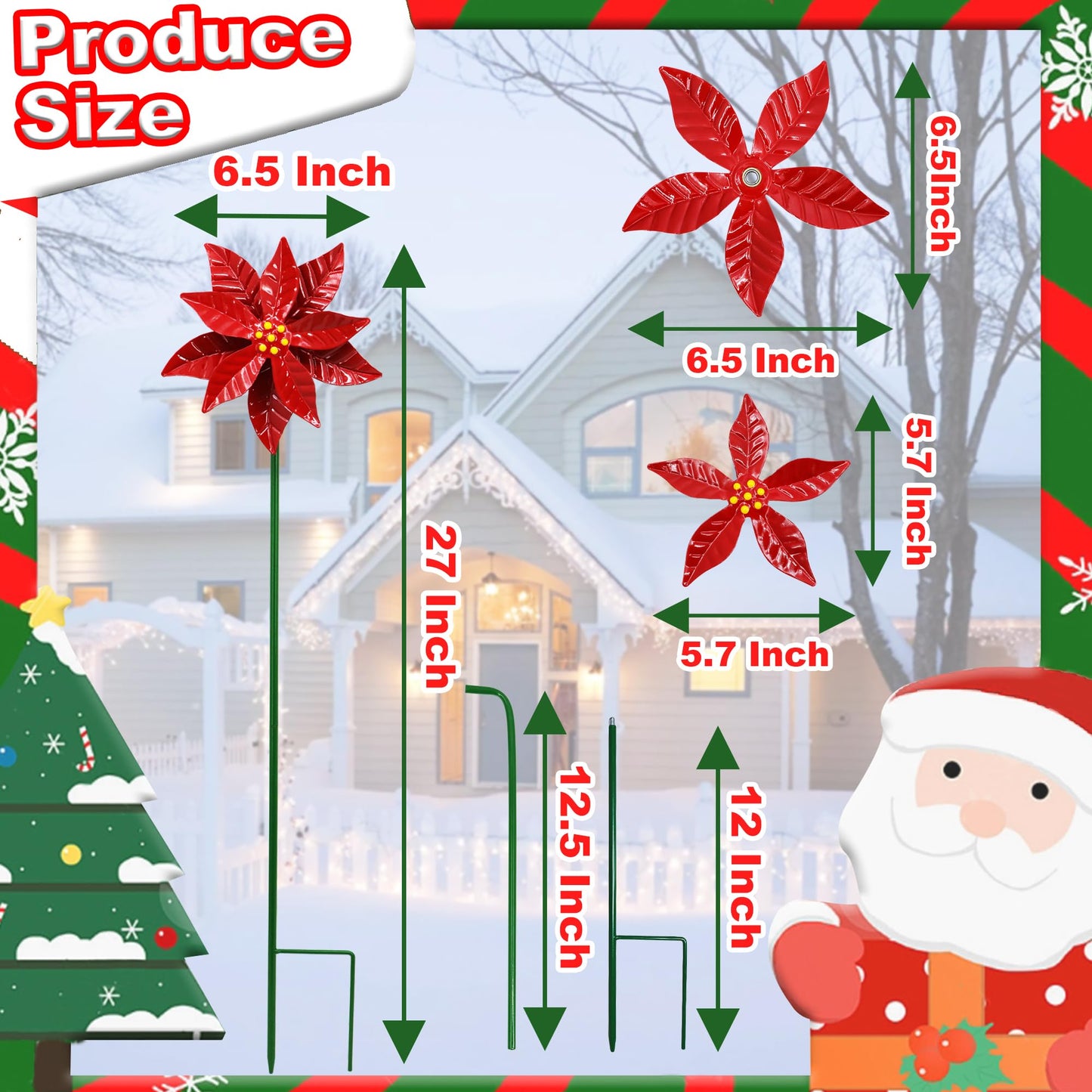 Metal Flower Wind Spinner Garden Lawn Stakes Yard Art, 27 Inch Poinsettia Windmill Iron Handicraft Lawn Decorations, 5 Pieces Christmas Star Stake, Metal Yard Art Outdoor Mother's Day Decoration Gift