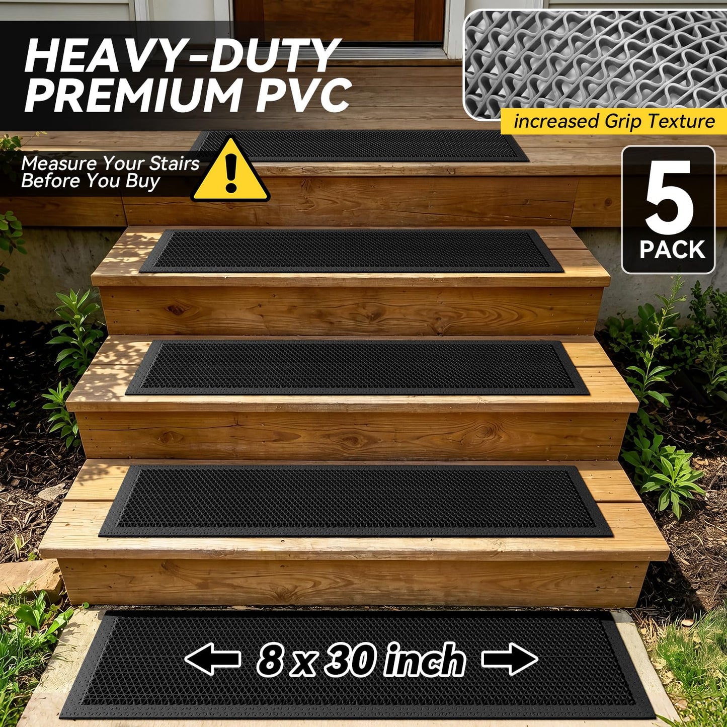 PVC Stair Treads for Wooden Step Outdoor, 8"x30" 5-Pack Self Draining Non Slip Step Covers, Heavy Duty Resistant Exterior Mats for Wood Stairs Fast Water Flow, Anti Slip Rubber-Like Stair Treads Black
