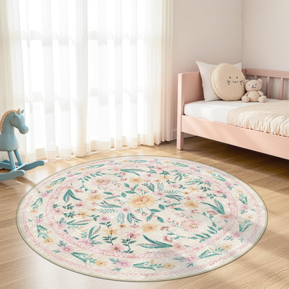 Dadasgk Pink Floral Round Rug 6ft, Washable Boho Circle Area Rug for Girls Bedroom or Living Room, Soft Non-Slip Botanical Carpet for Nursery or Kids Room, French Flower Design Home Décor Rug