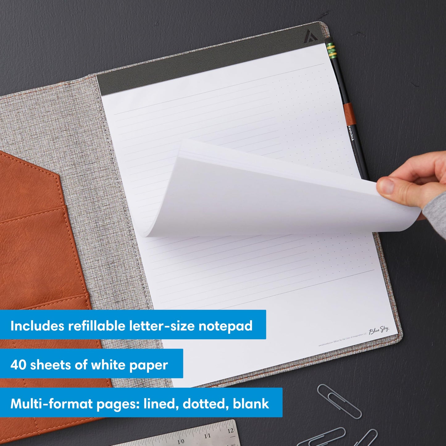 Blue Sky ASMBLD Faux Leather Padfolio, 12.13" x 9.45", Letter Size, Undated, Professional Portfolio with Notepad, Business Organizer for Meetings and Office, Tan