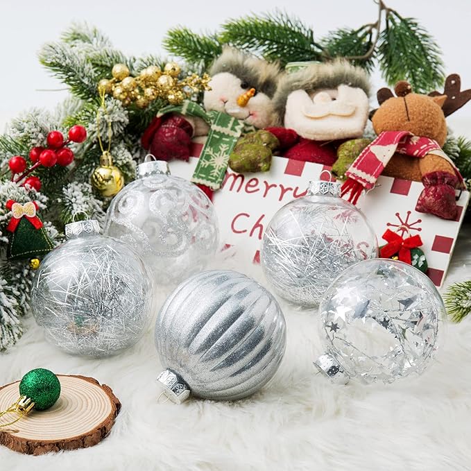 XmasExp 8ct Christmas Ball Ornaments Set -Large Clear Plastic Shatterproof Xmas Tree Ball Hanging Baubles Stuffed Delicate Glittering for Holiday Wedding Xmas Party Decoration (100mm/3.94",Silver)