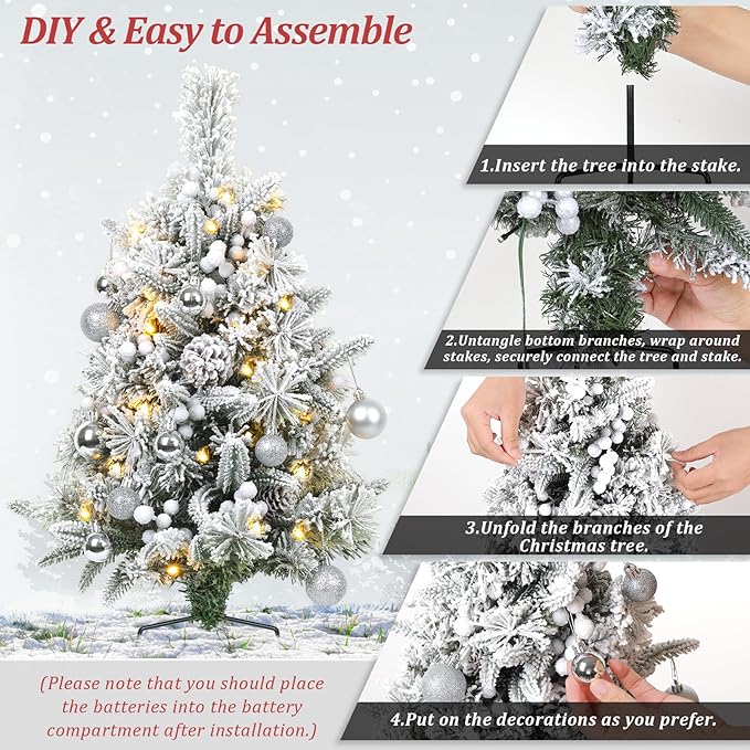 Set of 2 30 Inch Prelit Outdoor Christmas Trees, Artificial Battery Operated Snow Flocked Xmas Tree with Stake, Silver Berries, Pine Cones, Ball Ornaments, 8 Lighting Modes & Timer Included