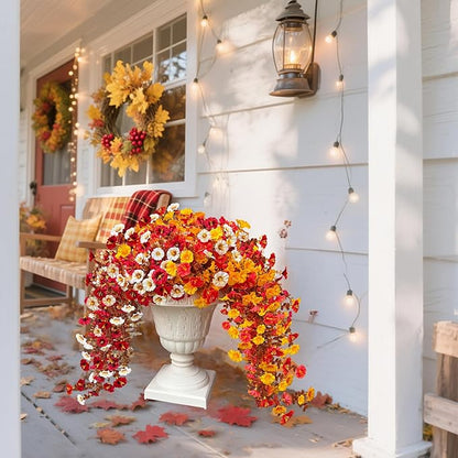 8PCS Artificial Fall Hanging Flowers for Outdoor, Fake Silk Petunias Plants, Fake Mums, Fall Outdoor Decoration, UV Resistant, Morning Glorias, for Home Garden Porch Decor (Deep Autumn)