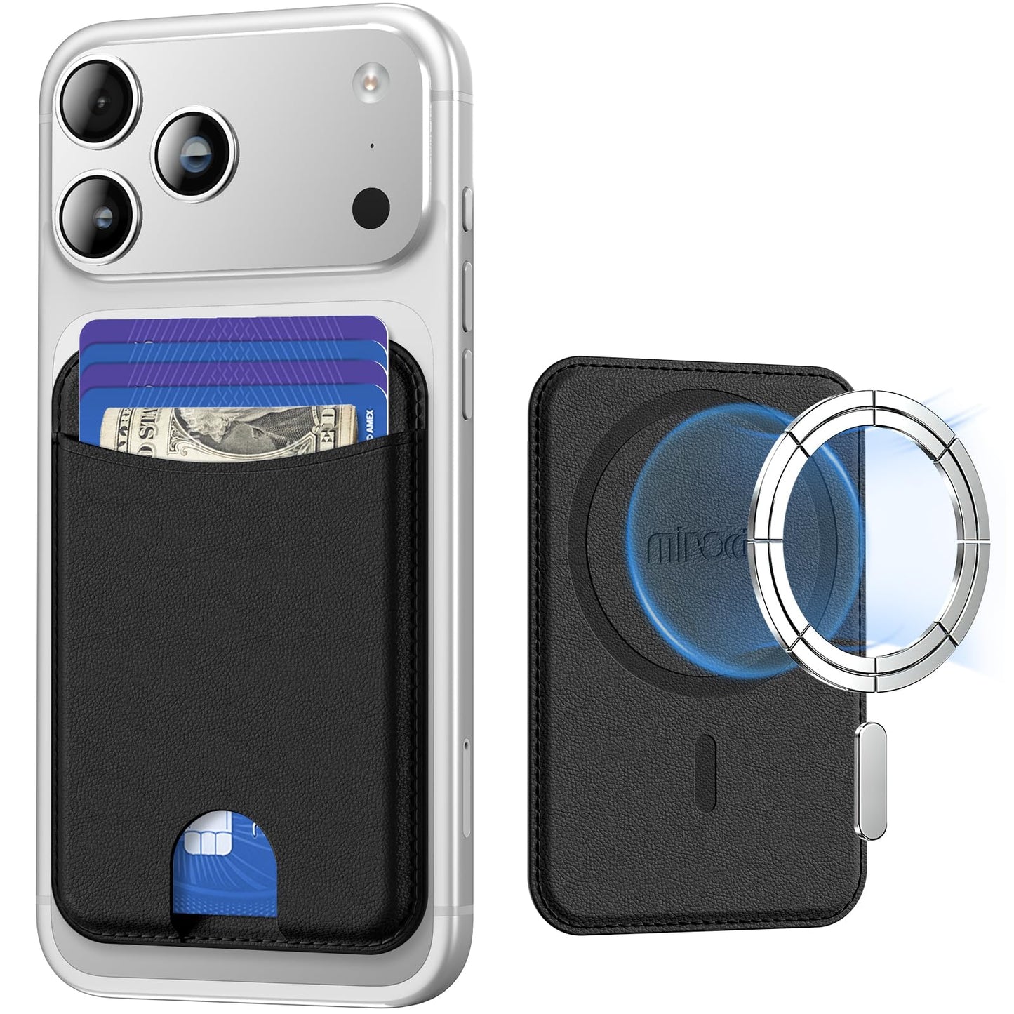 Miroddi for Magsafe Wallet, Magnetic Card Holder for iPhone 17/16/15/14/13/12 Series, Leather Magnet Phone Wallet Fit 4 Cards 3 Cash, Ultra-Thin, RFID Blocking, Black