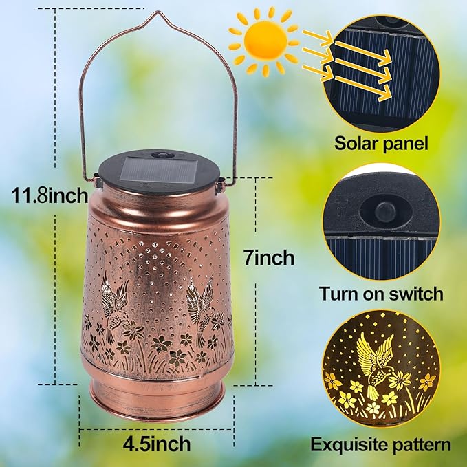 Hummingbird Solar Lantern - Waterproof Hanging Lantern, Metal Solar Lights for Outdoor Use on Yard, Patio, Lawn, Tabletop, Landscape, Garden Decor, Gifts for Mom, Grandma, Women