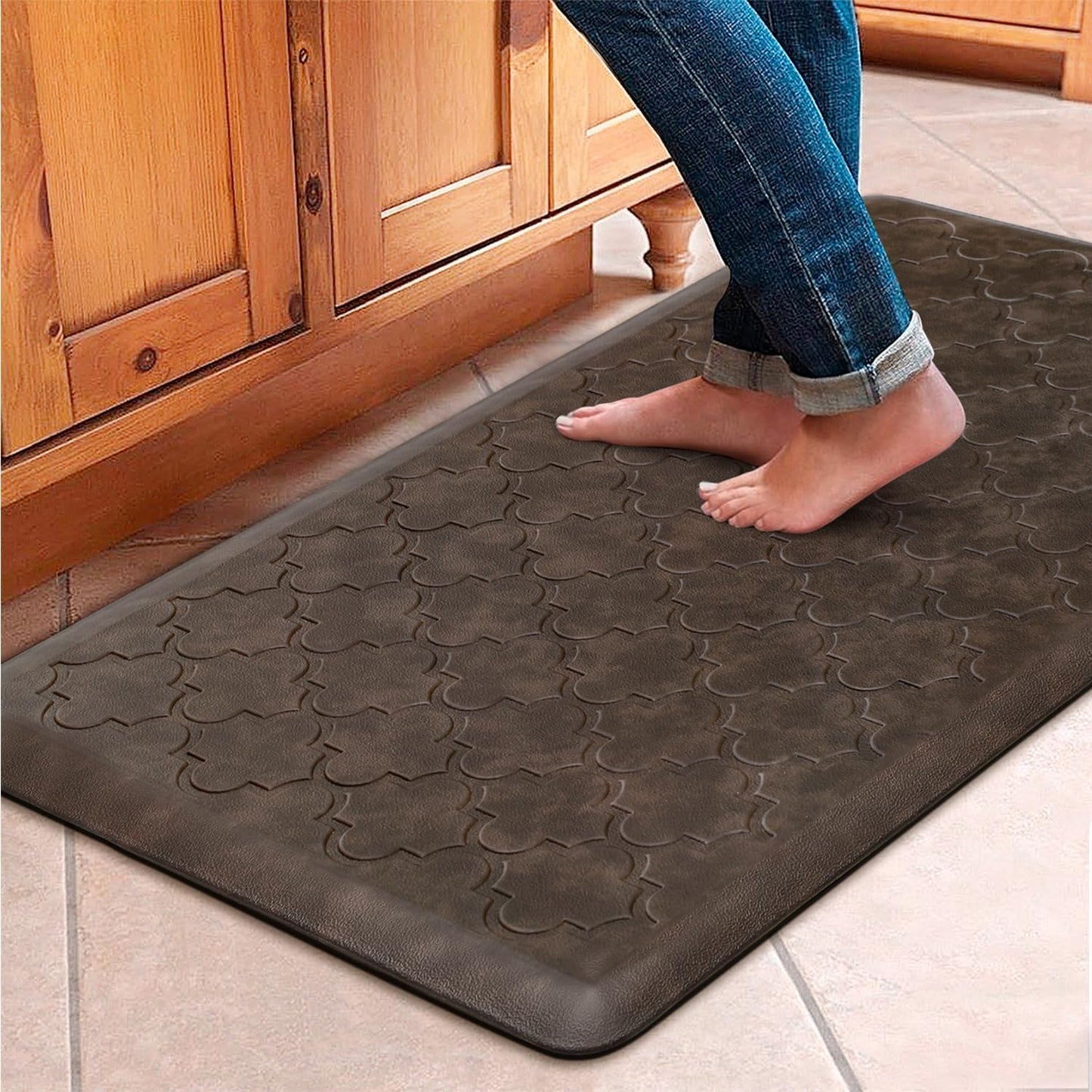 WISELIFE Kitchen Mat Cushioned Anti Fatigue Floor Mat,17.3"x39",Thick Non Slip Water Resistant Kitchen Rugs and Mats,Heavy Duty PVC Foam Standing Mat for Kitchen,Floor,Home,Desk,Sink,Laundry,Brown