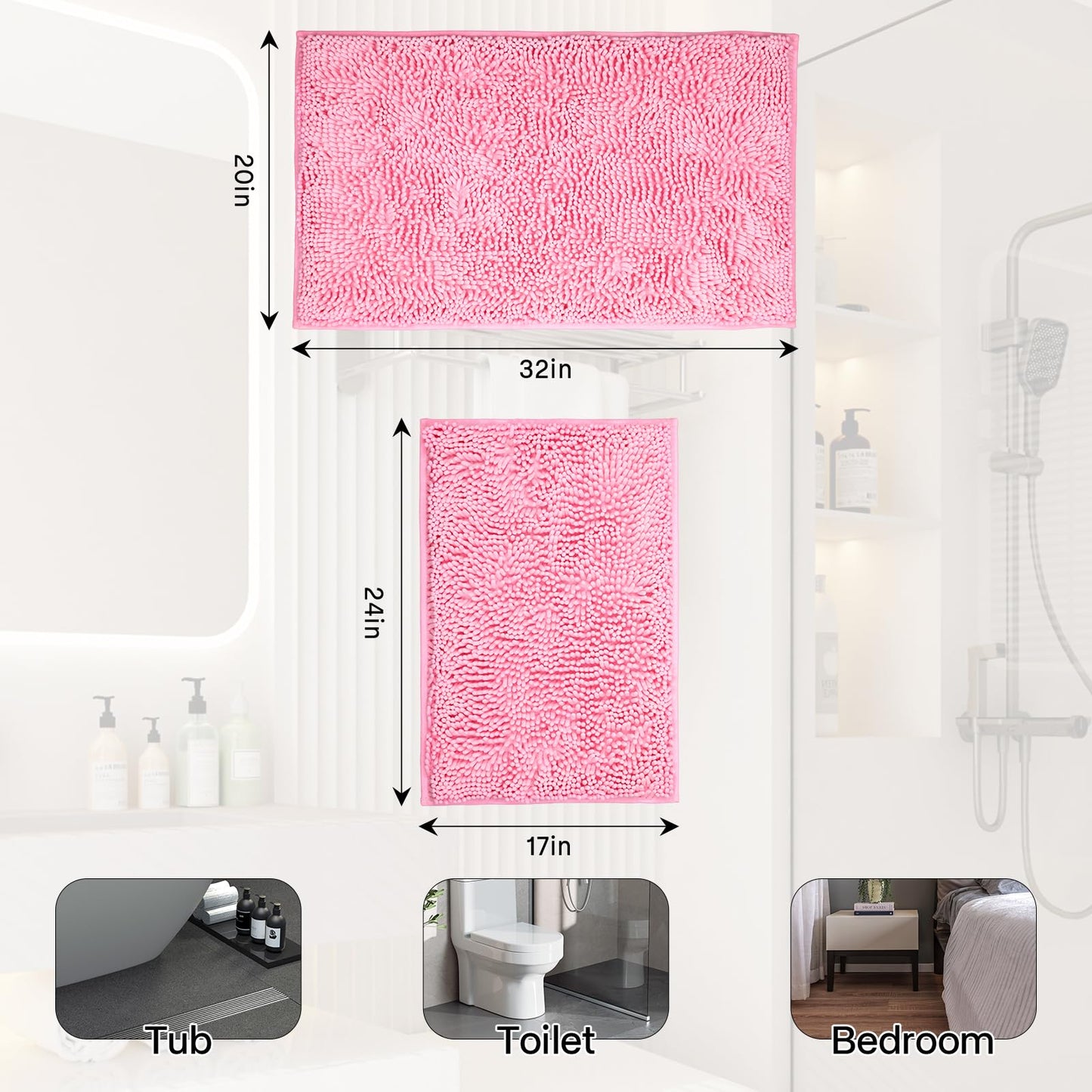 Xmecyino Bathroom Rugs Sets 2 Piece Washable, Luxury ，Chenille Bath Mat Set, Soft Plush Anti-Slip Rectangular Bath， Rug Super Absorbent. (Pink, 32"x20"+24"x16")