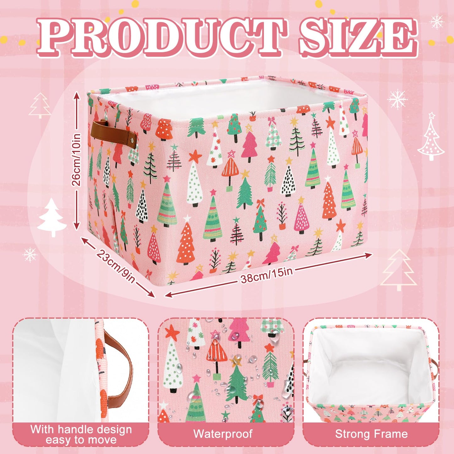 FYSUIMU Christmas Storage Basket with Handles Xmas Tree Pink Cube Storage Bin Foldable Fabric Container Organizer Box for Home Office Dorm Closet Shelf Toy