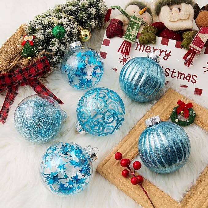 XmasExp 8ct Christmas Ball Ornaments Set -Large Clear Plastic Shatterproof Xmas Tree Ball Hanging Baubles Stuffed Delicate Glittering for Holiday Wedding Xmas Party Decoration (100mm/3.94",light blue)
