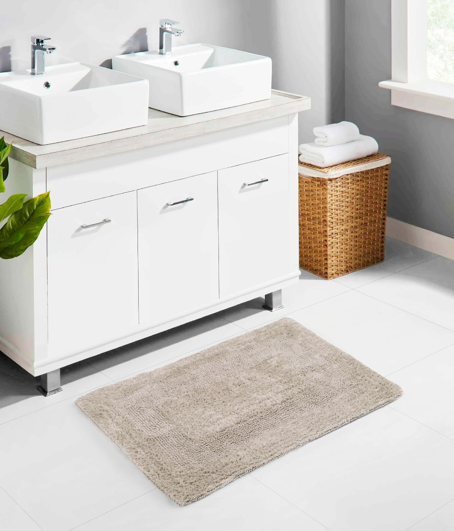 COTTON CRAFT Luxurious Bath Mat Rug - Set of 2 Reversible Heavyweight Step Out Bath Mats for Bathroom Floor, Tub and Shower - Pure Cotton Soft Plush Absorbent Tufted Racetrack Mat - 17x24 inch - Linen