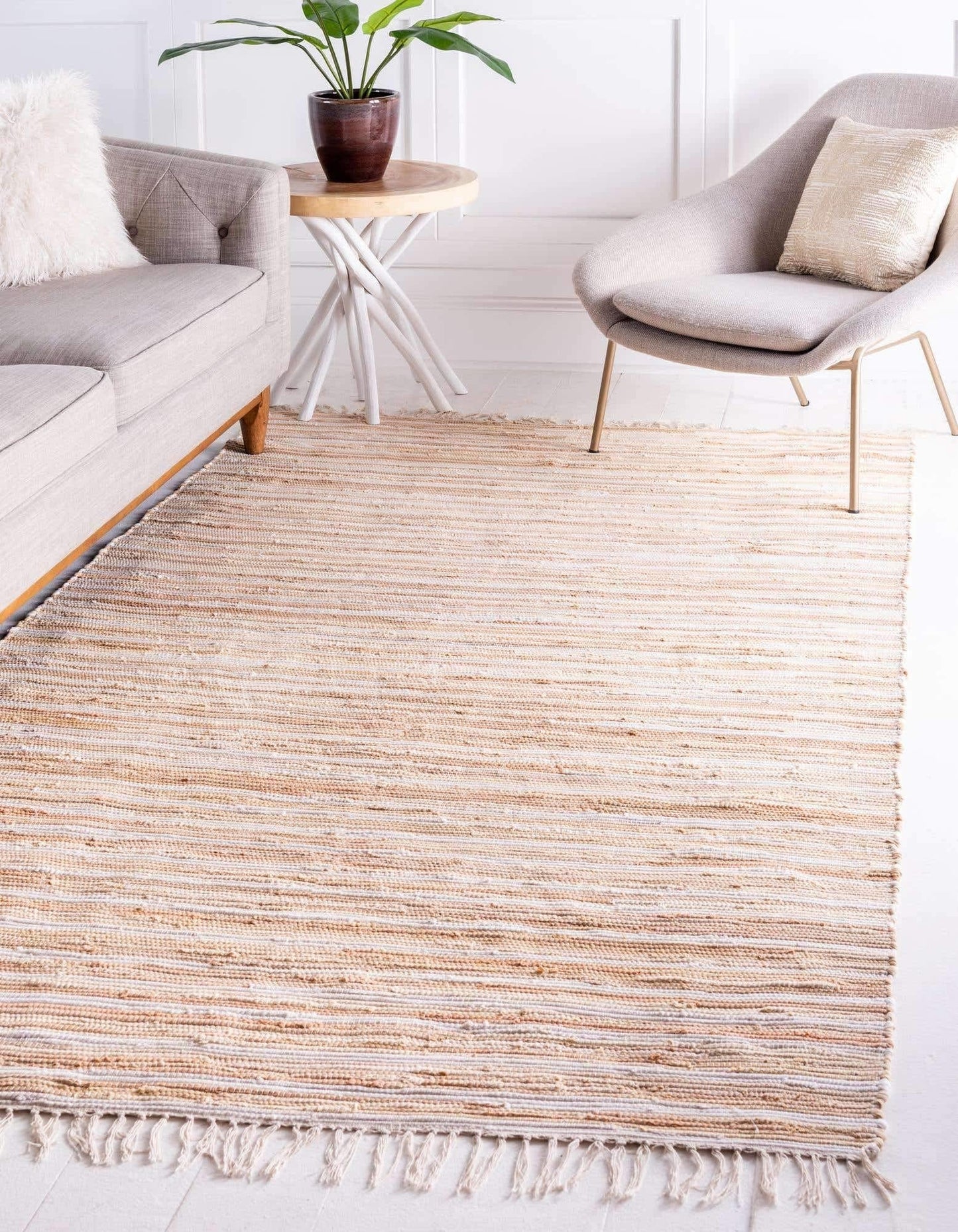 Unique Loom Chindi Cotton Collection Soft Hand Woven Natural Fiber Striped Area Rug, 4 ft x 6 ft, Beige/Ivory