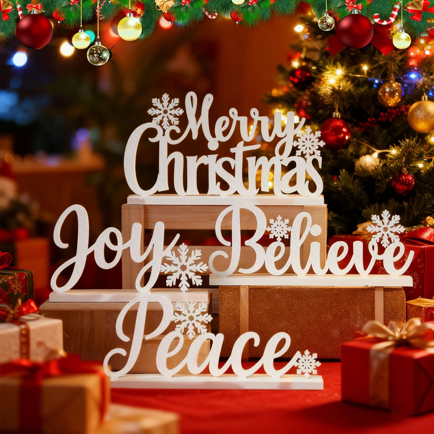 Roowest 4 Pcs Wooden Christmas Table Sign White Merry Christmas Table Decor Elegant Joy Wood Cutout with Glitter Tabletop Believe Peace Words Centerpiece for Mantle Tiered Tray Shelf Xmas Party Decor