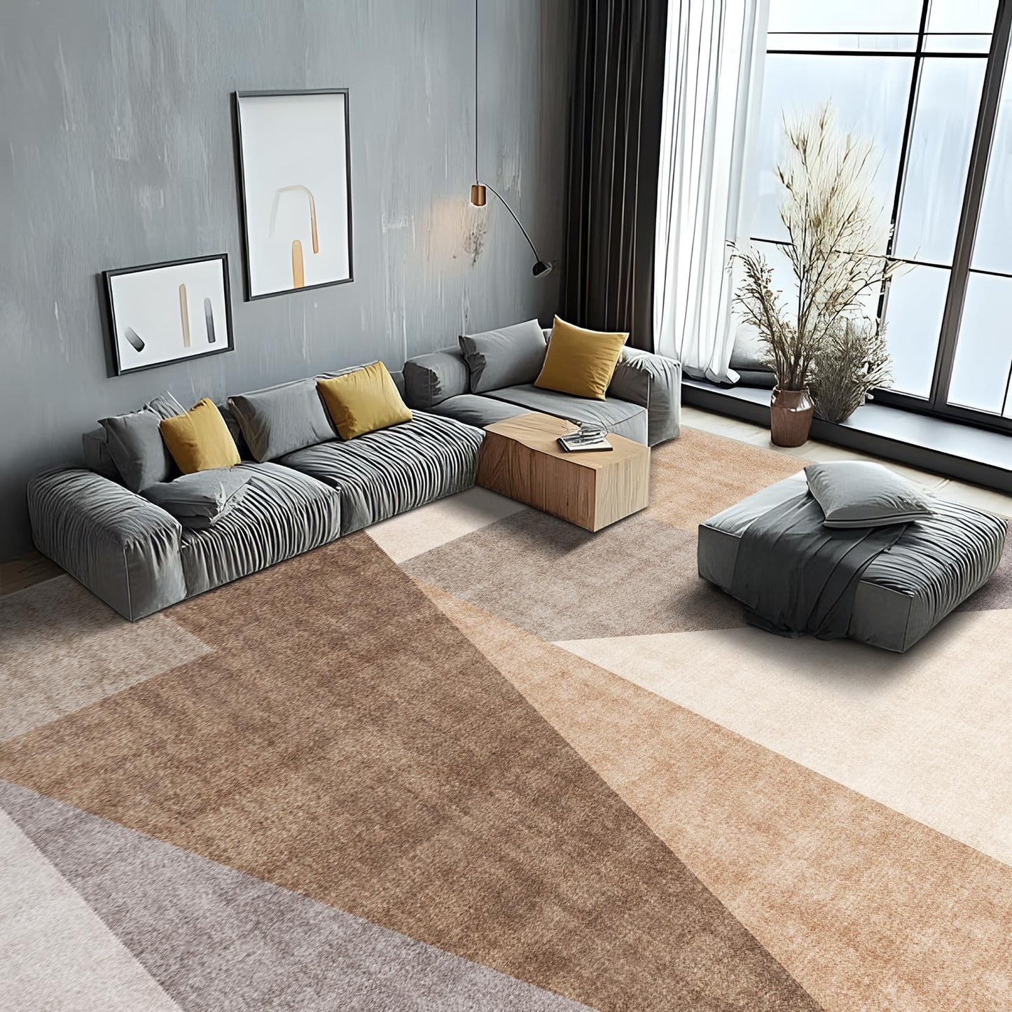 10x14 Washable Modern Area Rug: Large Geometric Non-Slip Carpet for Living Room Bedroom Pet Friendly Low Pile Stain Resistant Soft Floor Mat for Home Office Brown
