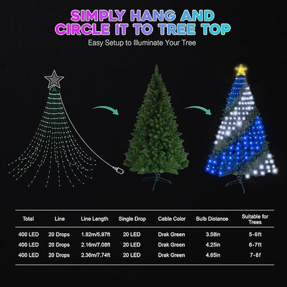Smart Ring Christmas Tree Lights with Star Topper Indoor Outdoor - 6Ft x 20 Lines String 400 Optimum LED Easy App Control Images Color Changing Timer Remote Waterproof for 5 6 7 Ft Xmas Trees