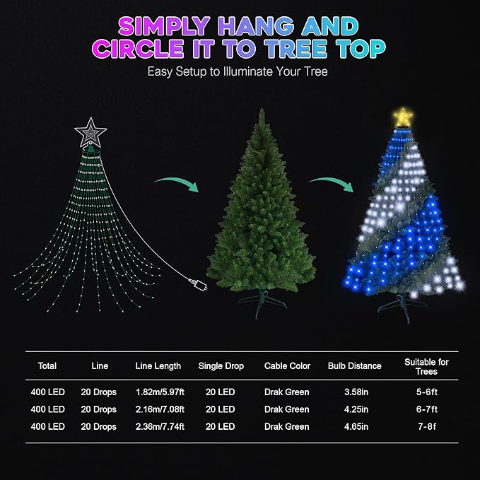 Smart Ring Christmas Tree Lights with Star Topper Indoor Outdoor - 7.5Ft x 20 Lines String 400 Optimum LED Easy App Control Images Color Changing Timer Remote Waterproof for 7 7.5 8 Ft Xmas Trees