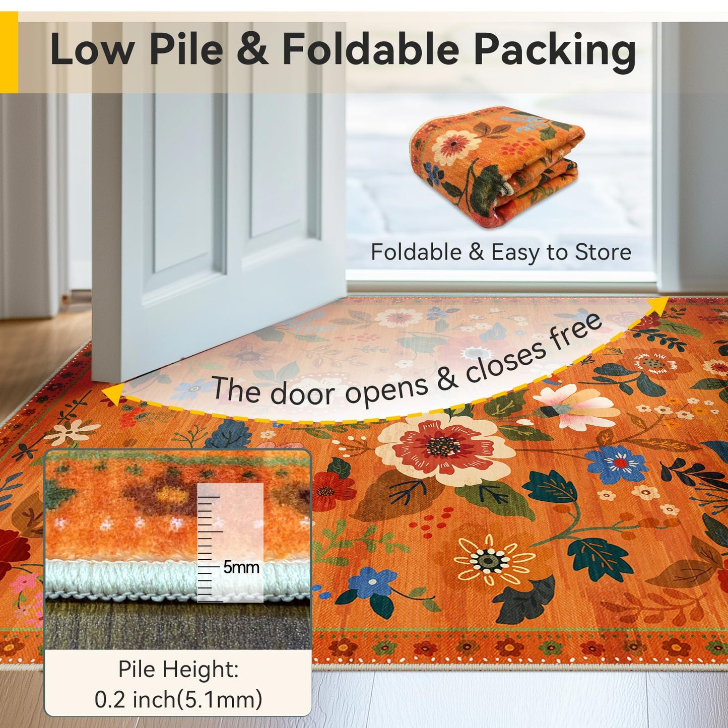 RELEANY Floral 5x7 Area Rugs Washable Print Boho Cute Carpet Non Slip Flower Low Pile for Living Room Bedroom Kitchen Office Farmhouse-Burnt Orange