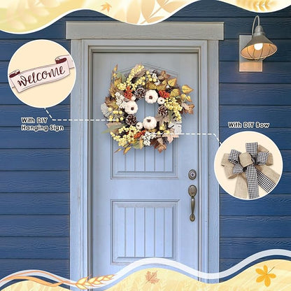Fall Wreaths for Front Door Outside Decor, 22" Pumpkin Berry Maple Leaves Pine Cone Wreath Autumn Decorations with Bow and Hanging Sign for Thanksgiving Home Outdoor Indoor Porch Harvest