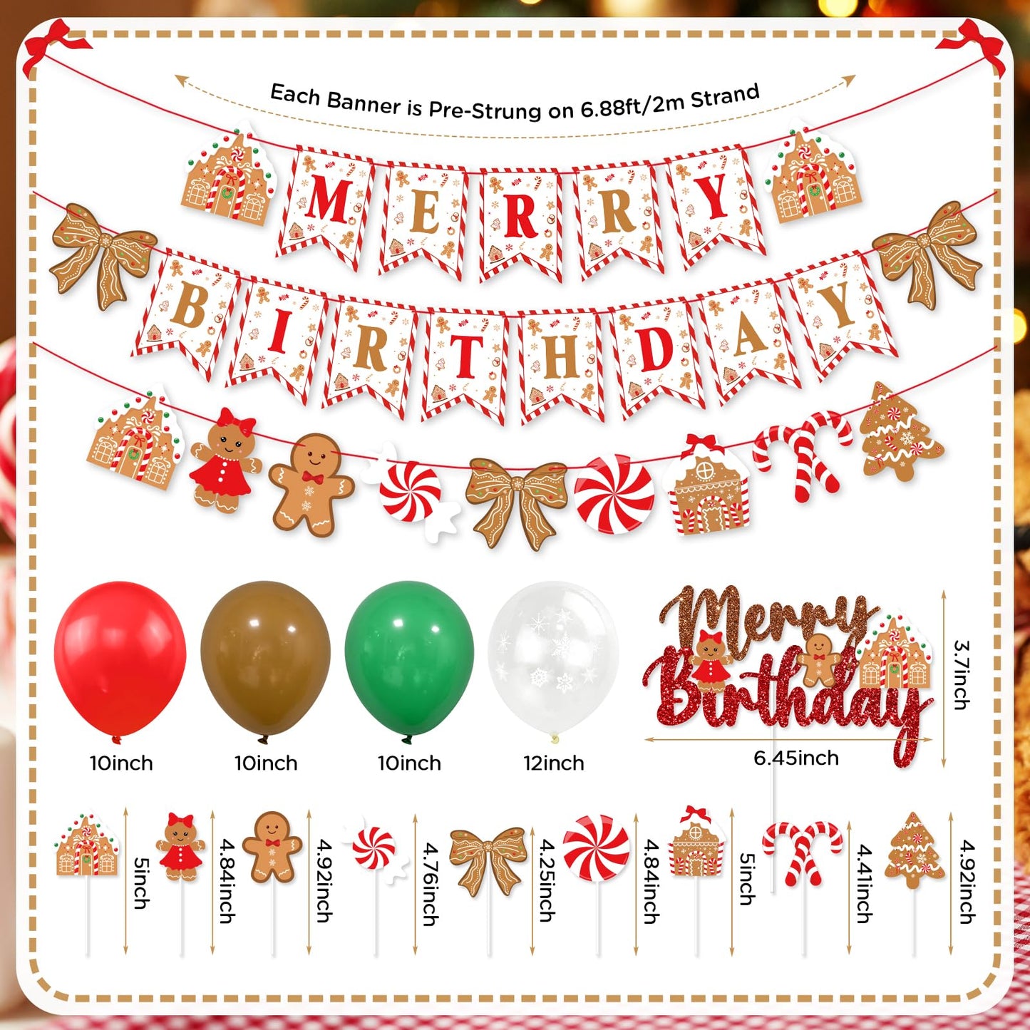 Christmas Birthday Party Decorations, Cute Bows and Gingerbread Merry Birthday Banner Cake Topper Red Green Snowflake Balloons for Gingerbread Christmas Decorations Holiday Party Supplies