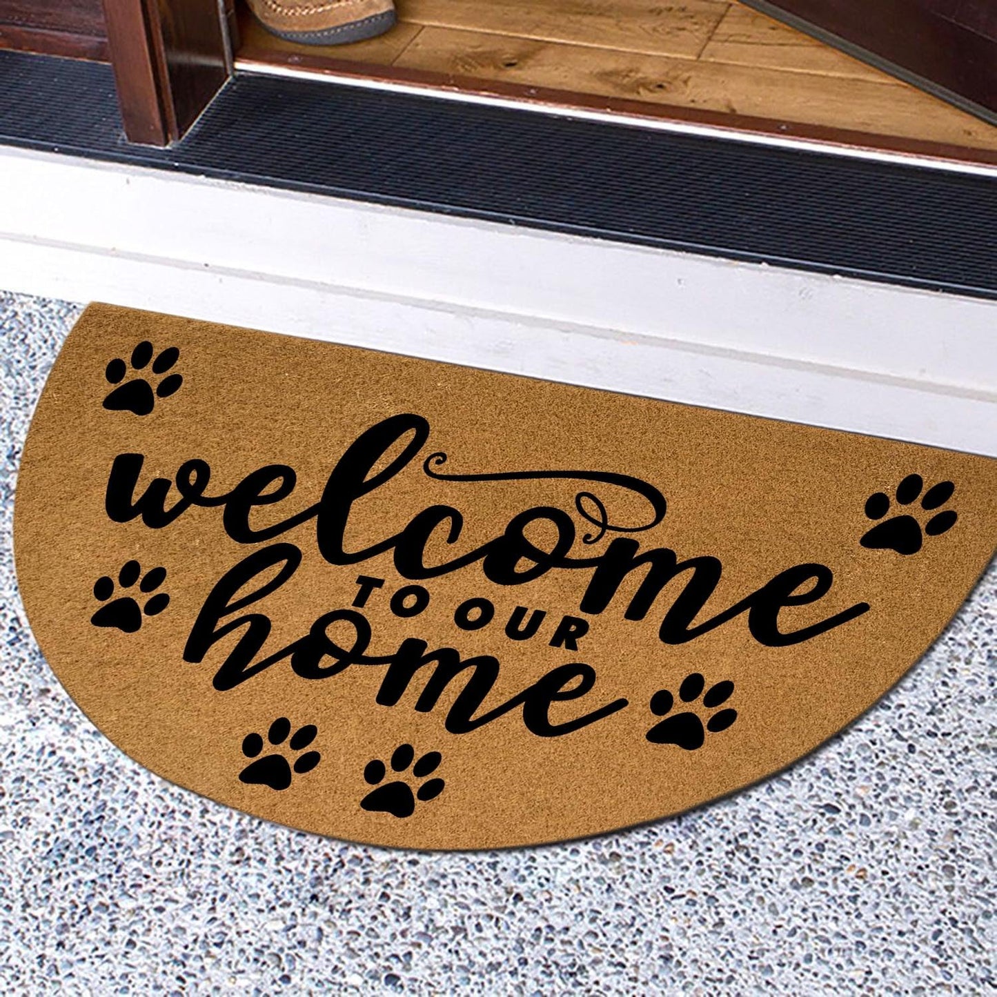 Funny Half Round Front Door Mat - Heavy Duty Outdoor Entryway Welcome Mat for Porch - Brown House Warming Gift 29.5 x 17 inch (Welcome to Our Home Dog Paws)