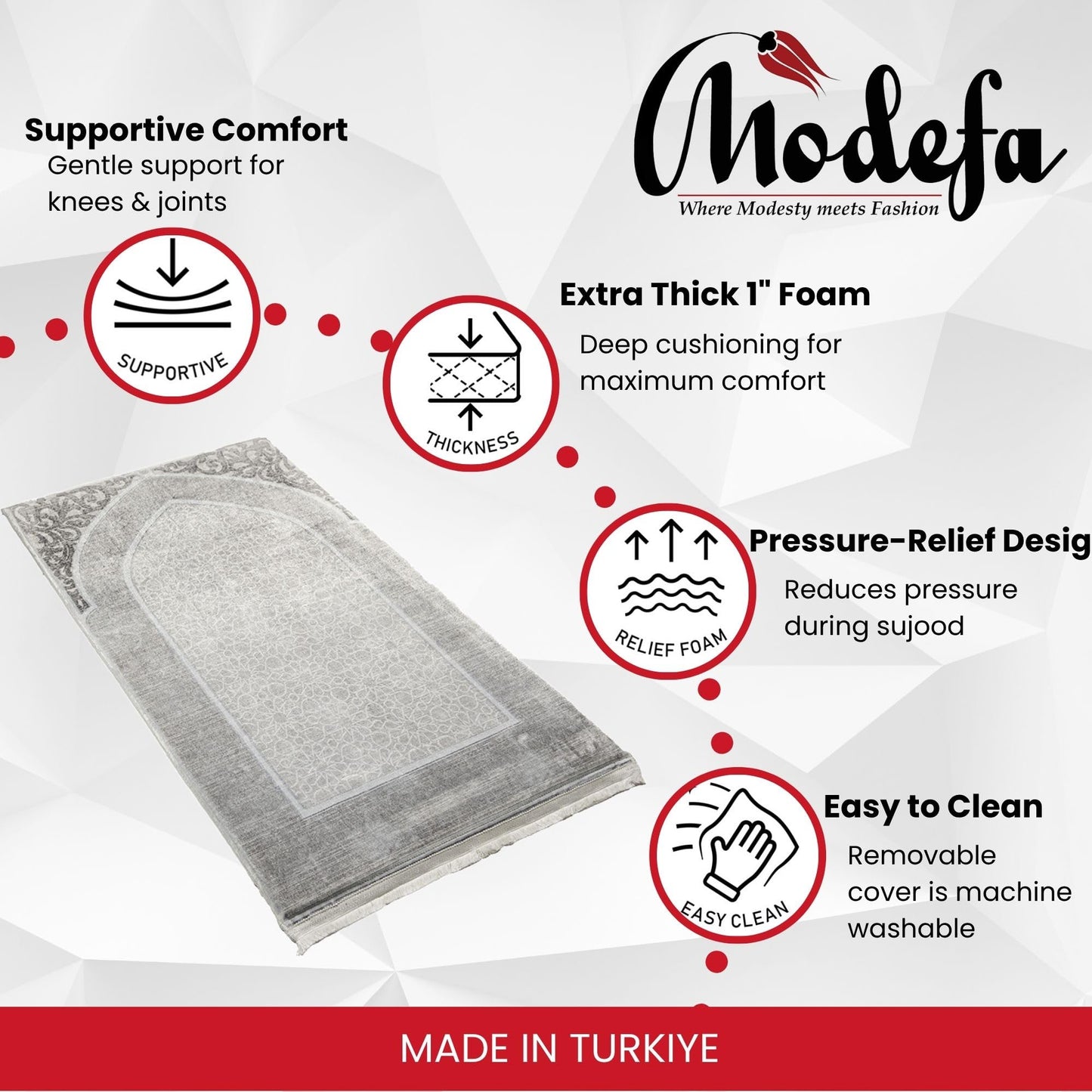 Modefa Foam Prayer Rug - Thick Padded Prayer Mat Cushioned Thick Prayer Mat - Large Long Soft Muslim Prayer Rug Velvet Digital Print (Mosaic Floral - Grey)