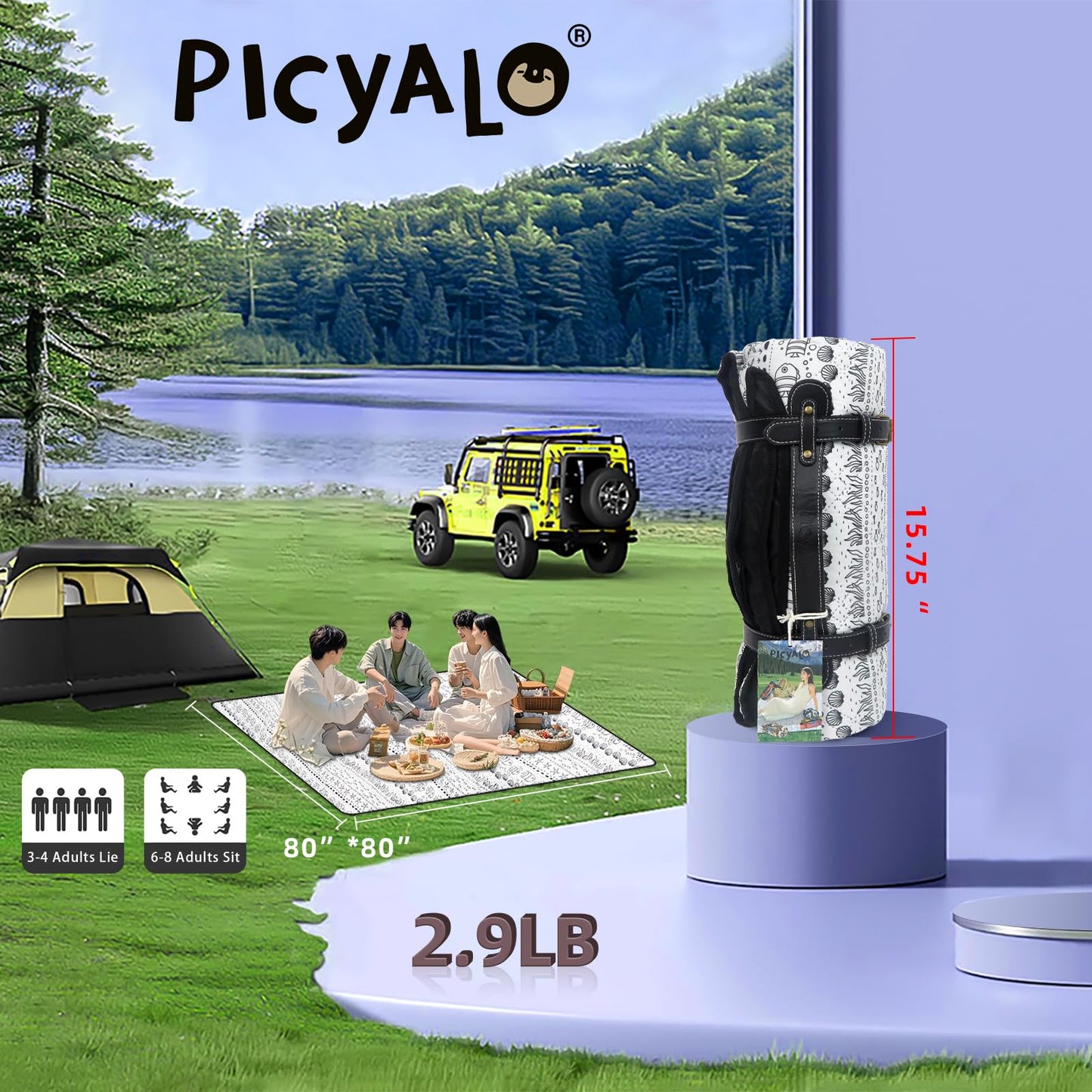 PICYALO 80x80” Double Thickened Picnic Blankets(150g High Density Cotton Stuffed) White Fish Pattern Outdoor Picnic Mat Portable Picnic Blanket Foldable with Leather Carry Strap Beach Blanket
