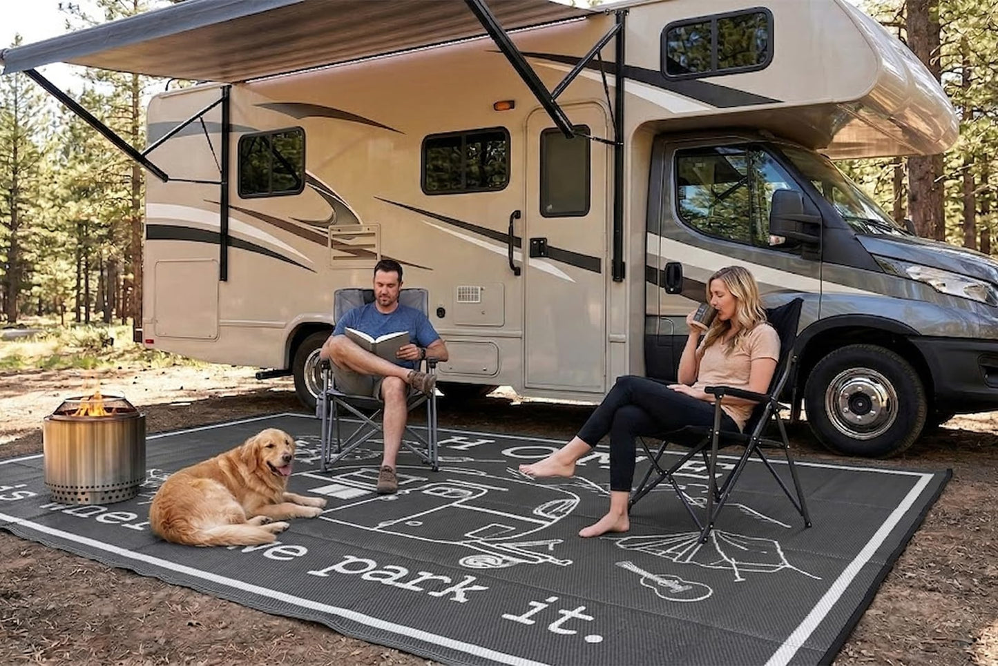 FACOYANS 9x12 FT RV Outdoor Rug - Home is Where We Park It Reversible Camper Mat - Waterproof Plastic Straw Camping Rug with Carry Bag - UV Resistant, Easy Clean Patio & Awning Mat