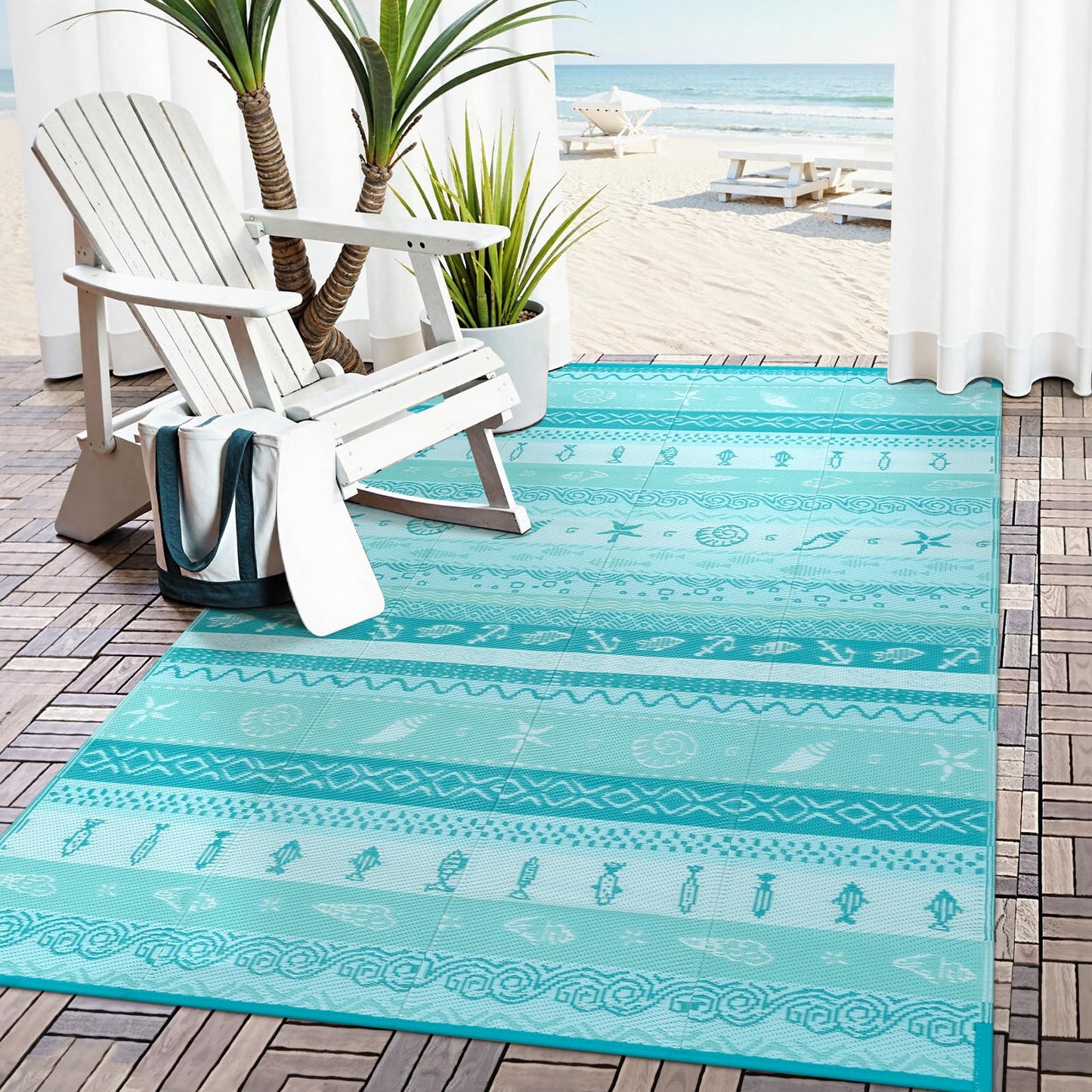 Uphome Coastal Outdoor Rug Waterproof 6x9, Reversible Ocean Beach Theme Striped Patio Plastic Straw Rugs, Tribal RV Camping Outside Carpet Mat for Pool Back Yard Deck Picnic, 6 x 9 ft