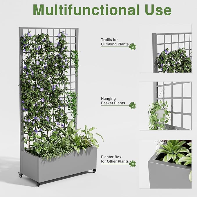 Casaphoria Metal Raised Garden Bed with Trellis and Wheels, 72"x35"x16" Planter Box for Climbing Plants, Vegetables & Vines, Features Drainage Holes and Privacy Screen (Gray-Square)
