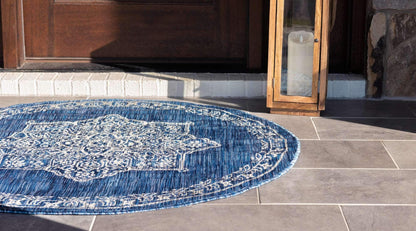 Unique Loom Outdoor Traditional Collection Area Rug - Antique (4' 1" Round, Blue/ Gray)