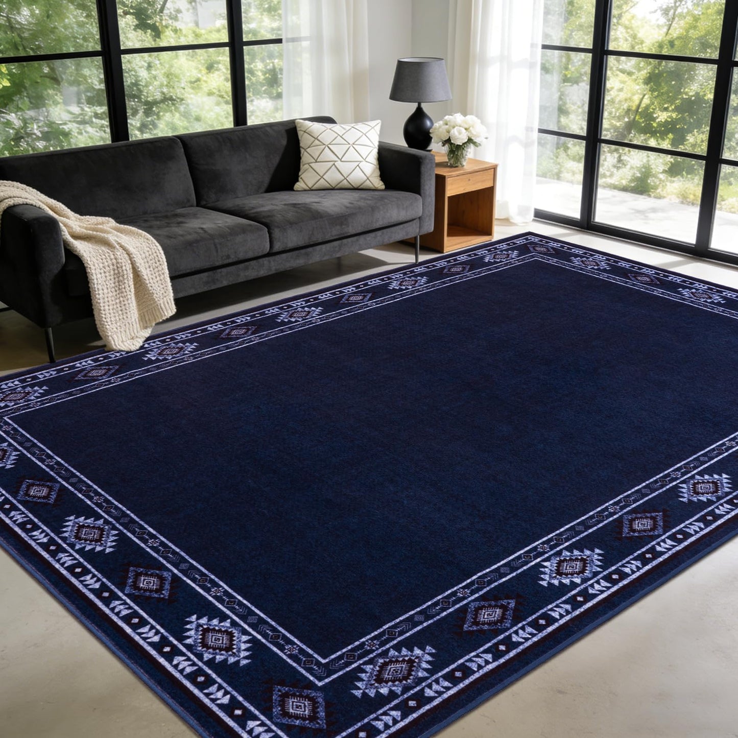 QDUIDU Large Area Rug for Bedroom Living Room, 4x6 Feet Ultra Soft Navy Blue Rugs Washable Modern Geometric Bordered Non Slip Low Pile Carpets Home Decor