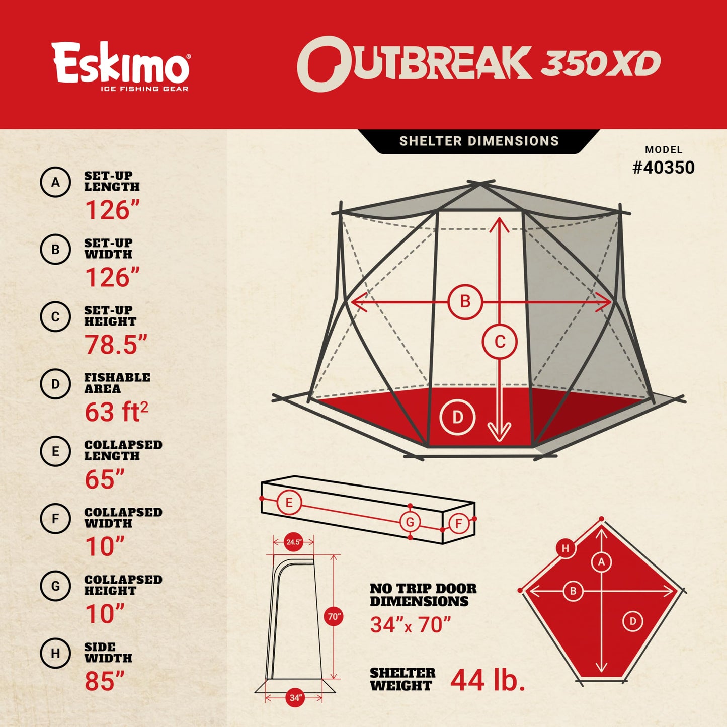 Eskimo Outbreak™ 350XD, Pop-Up Portable Shelter, Red/Black, 3-4 Person, 40350 , 126" x 126"