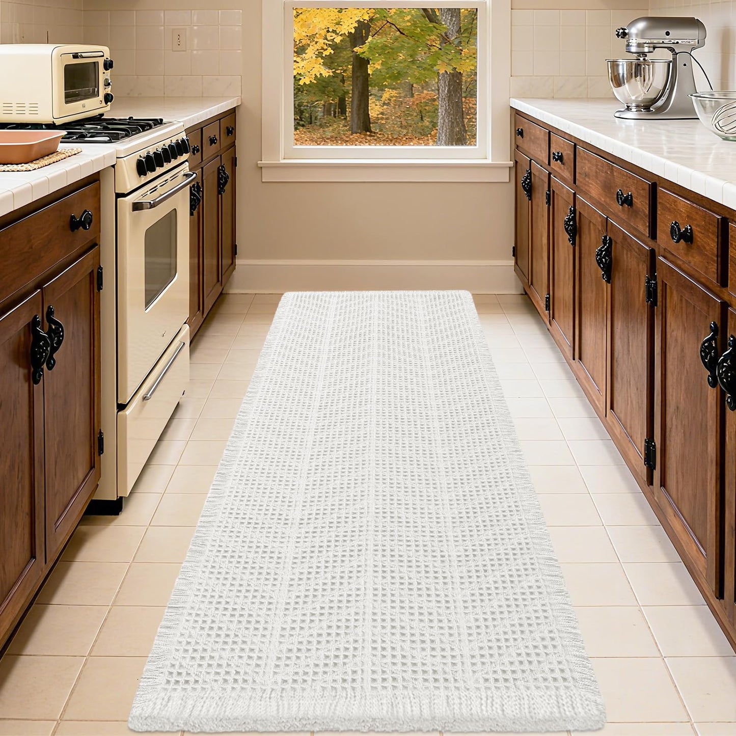 Upgrade Waffle Bath Mat, Boho Bathroom Rugs Absorbent Non Slip, Ultra Soft Bathroom Mat, Machine Washable Knit Bath Rugs with Herringbones for Bathroom, Bedroom, Kitchen, Shower, Tub, 32"x20", White