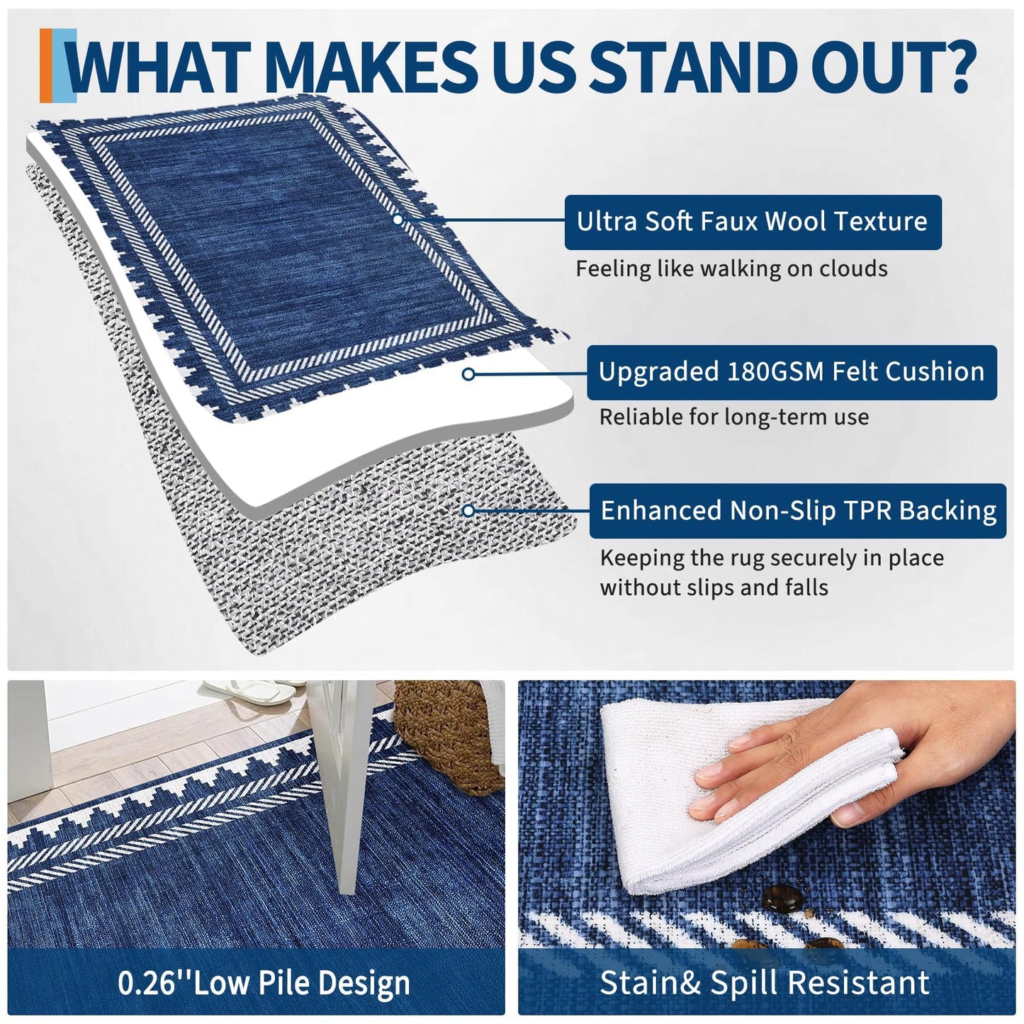 Garvee Washable 9x12 Area Rug Modern Solid Living Room Rug, Large Bordered Rugs for Bedroom Neutral Carpet 9 x 12 Rugs for Farmhouse Dining Room Non-Slip Stain Resistant Under Table Blue Rug