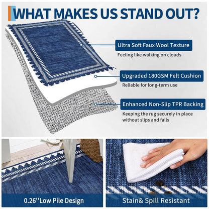 Garvee Washable 9x12 Area Rug Modern Solid Living Room Rug, Large Bordered Rugs for Bedroom Neutral Carpet 9 x 12 Rugs for Farmhouse Dining Room Non-Slip Stain Resistant Under Table Blue Rug