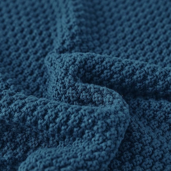 Longhui bedding Blue Knitted Throw Blanket for Couch - Soft, Cozy Machine Washable 100% Cotton Sofa Knit Blankets, Heavy 3.0lb Weight, 50 x 60 Inches, Laundry Bag Included