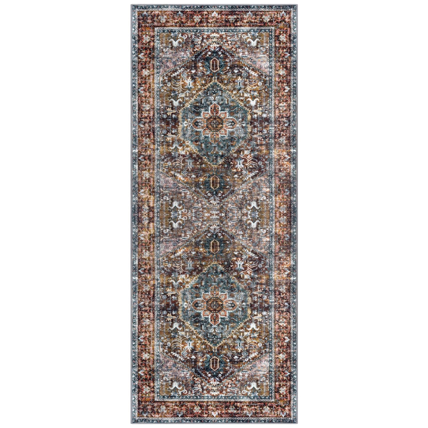 KOZYFLY Runners for Hallways 2x5 Ft Washable Kitchen Runner Rug Boho Runner Rug for Entryway Indoor Printed Oriental Faux Wool Floor Carpet Runner for Laundry Room Kitchen Hall, Brick Red/Orange/Green