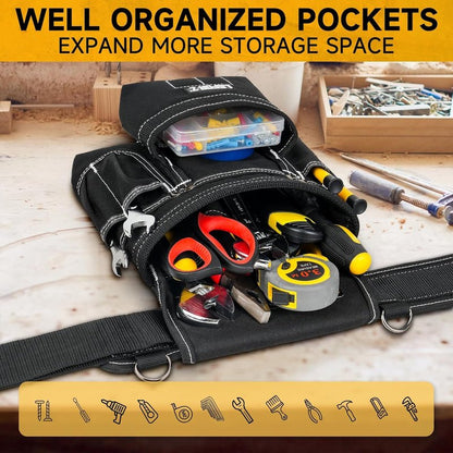 Tool Belt with Suspenders,27-Pockets Heavy Duty Tool Belts for Men with Magnetic Tool Pouch,Detachable & Adjustable Work Belt Bag for Electrician,Carpenter,Construction,Utility Toolbelt,Black