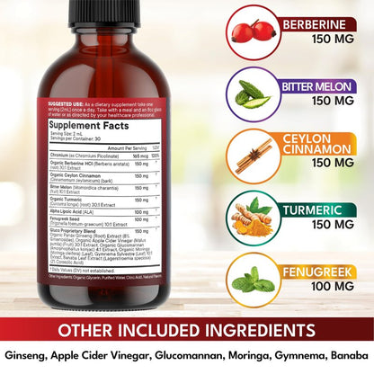 Berberine with Ceylon Cinnamon Supplement Liquid Drops + Bitter Melon Extract, Glucomannan, Gymnema, Chromium, Turmeric, Panax Ginseng, Moringa- 8 OZ