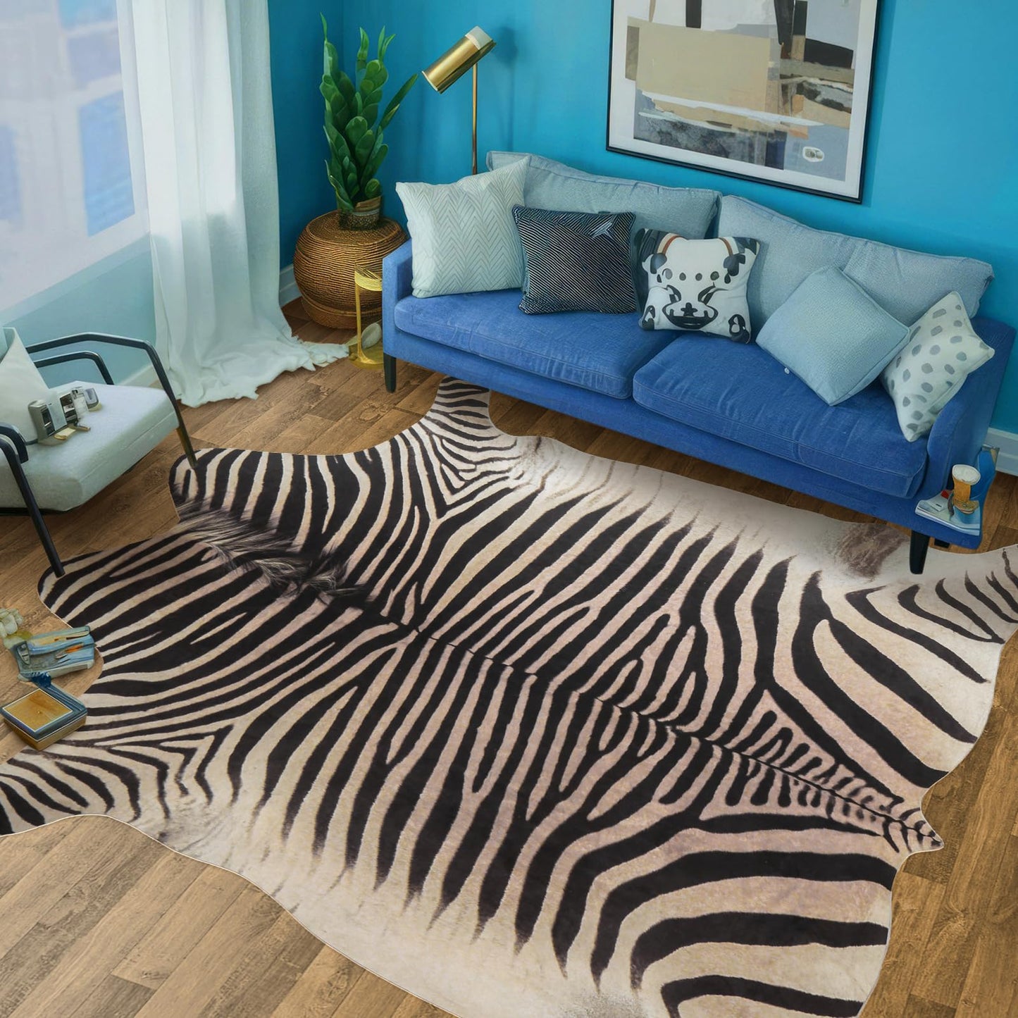 GUZAREUU Zebra Print Rug 8x10 ft Funky Area Rug for Living Room Bedroom, Non-Slip Durable Faux Cowhide Rug Large No Fur