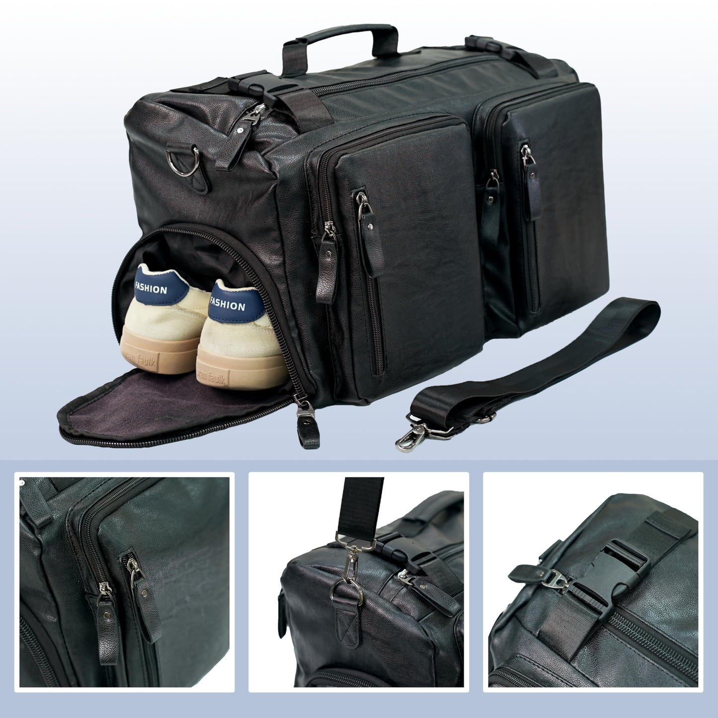 Leather Duffle Bag for Travel, Waterproof Overnight Weekend Gym Carry On Bag with Shoe Compartment for Men Women Black