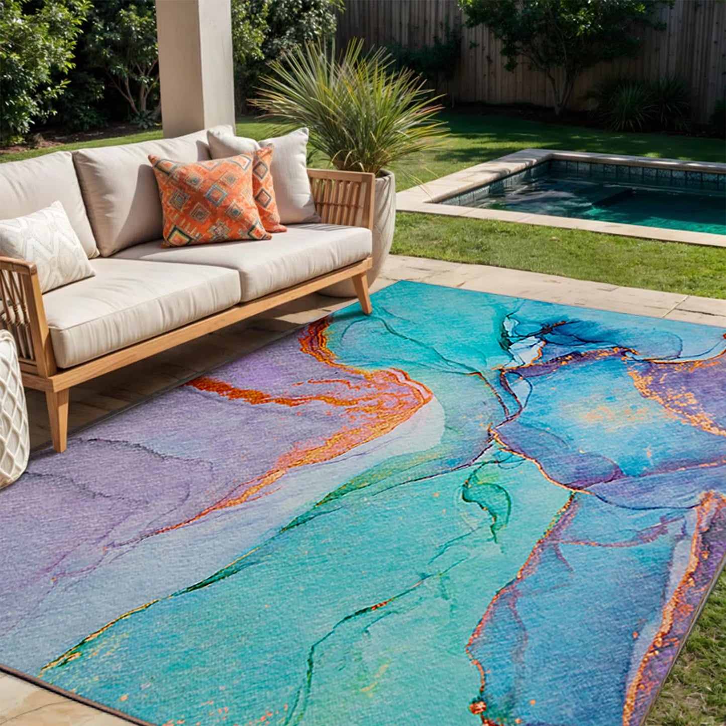 Abstract Washable Indoor Outdoor Rug, 5' x 7.6', Stain Resistant, Easy Clean, Teal Rug for Indoor/Outdoor Patio, Deck, Porch, Garden, Courtyard