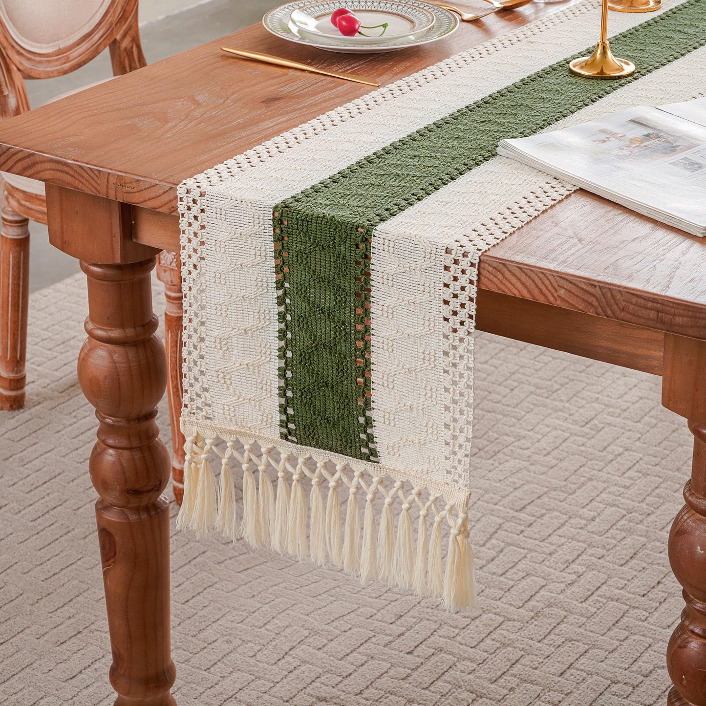 duduta Sage Green Spring Macrame Table Runner 72 inch Long, Farmhouse Boho Dresser Covers Coffee Table Decor