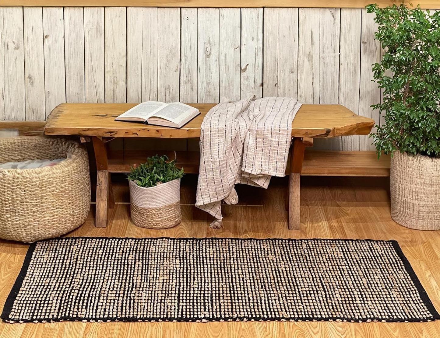 Chardin home 2x5 Jute Cotton Hand Woven Runner Rug | Braided Hallway Rug, Boho Rustic Style, Natural Jute/Black | Farmhouse Vintage Rugs for Entryway, Hallway, Foyer, or Kitchen