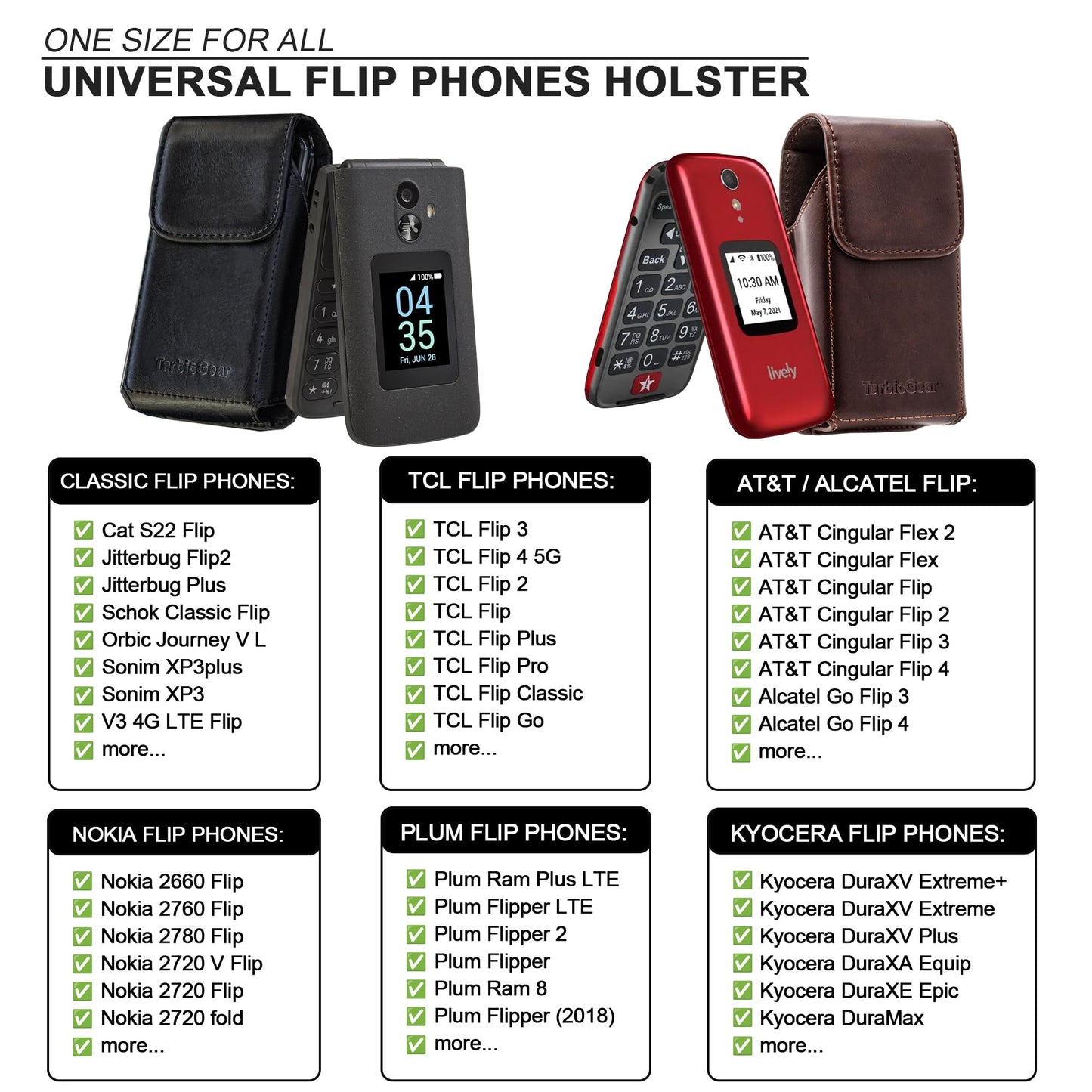 TarbicGear Leather Flip Phone Case with Belt Clip, Pouch for Kyocera & TCL & Nokia Flip Phone Holster for Belt, Cat S22 Case, Phones Sheath, Sonim XP3 Plus Magnetic Phones Pouch (Black)