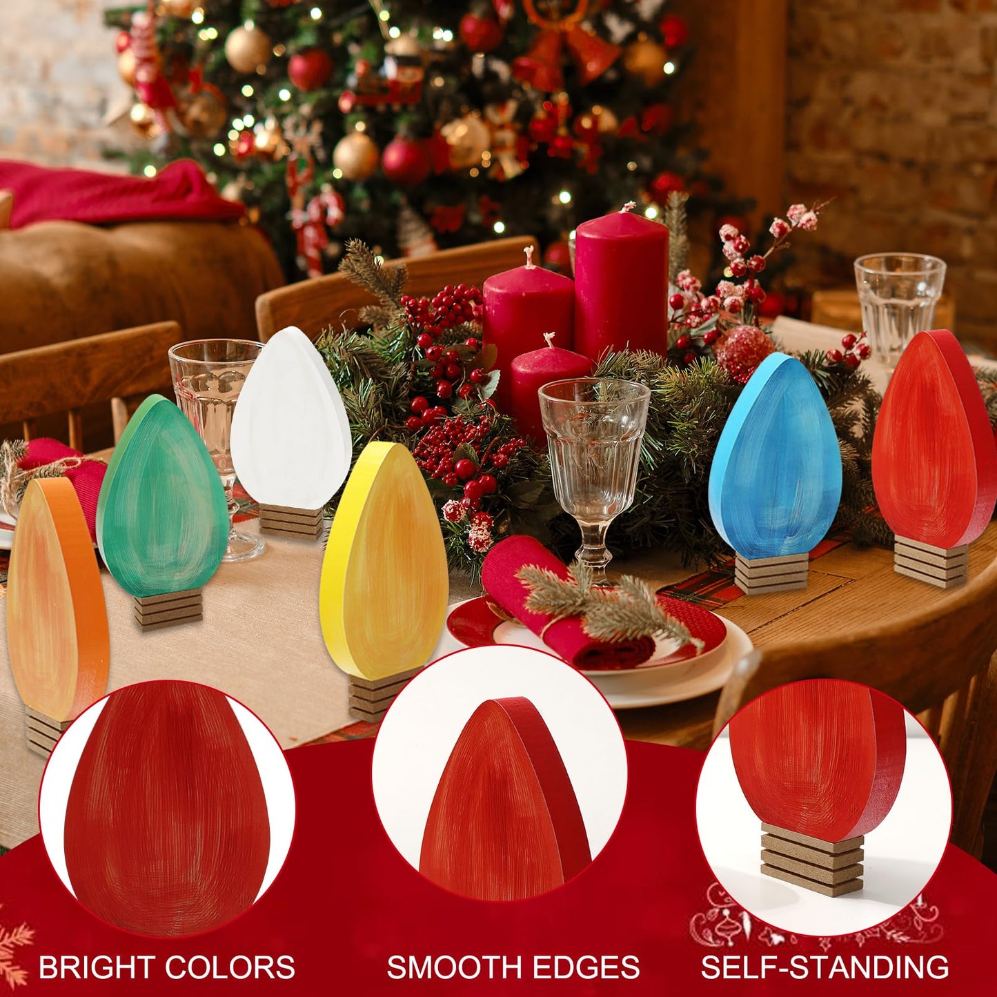 Whaline 6 Pcs Christmas Wood Ornaments Tabletop Signs Orange Blue Red Green White Yellow Wooden Light Bulb Desktop Centerpieces Crafts for Xmas Tree Tiered Tray Fireplace Holiday Winter Decor